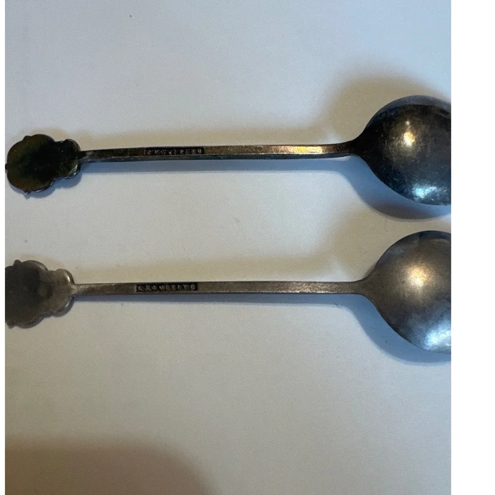 Vintage Exquisite Enamel Rose Silver Tone Souvenir Demitasse Spoons‎ Set of 2